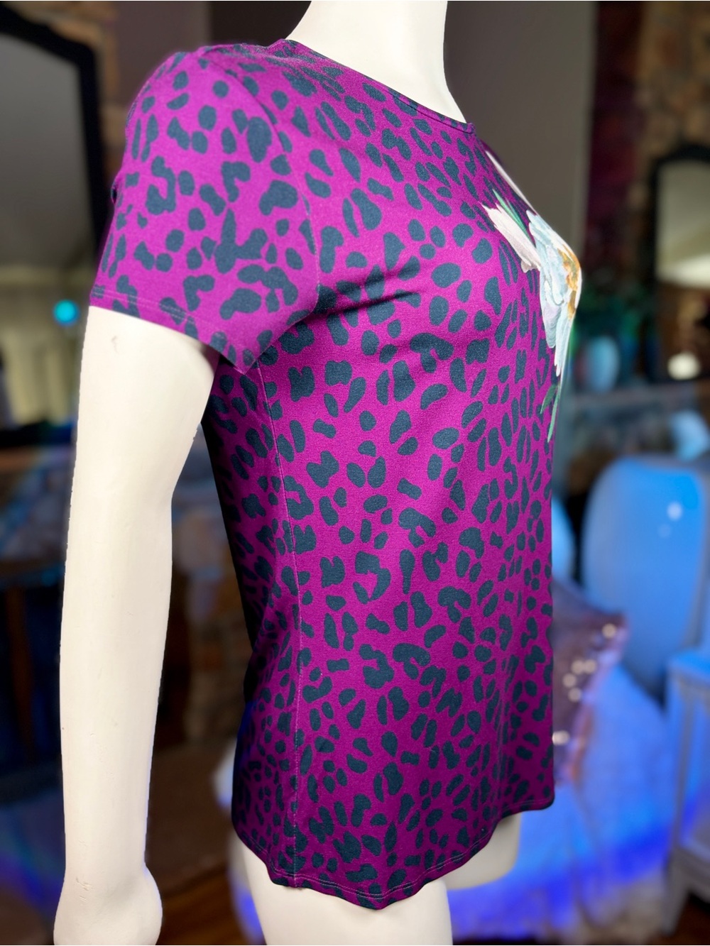 Ted Baker Purple Leopard & Floral Print Short Sleeve Blouse Top, Sz 3/Medium - Picture 3 of 11